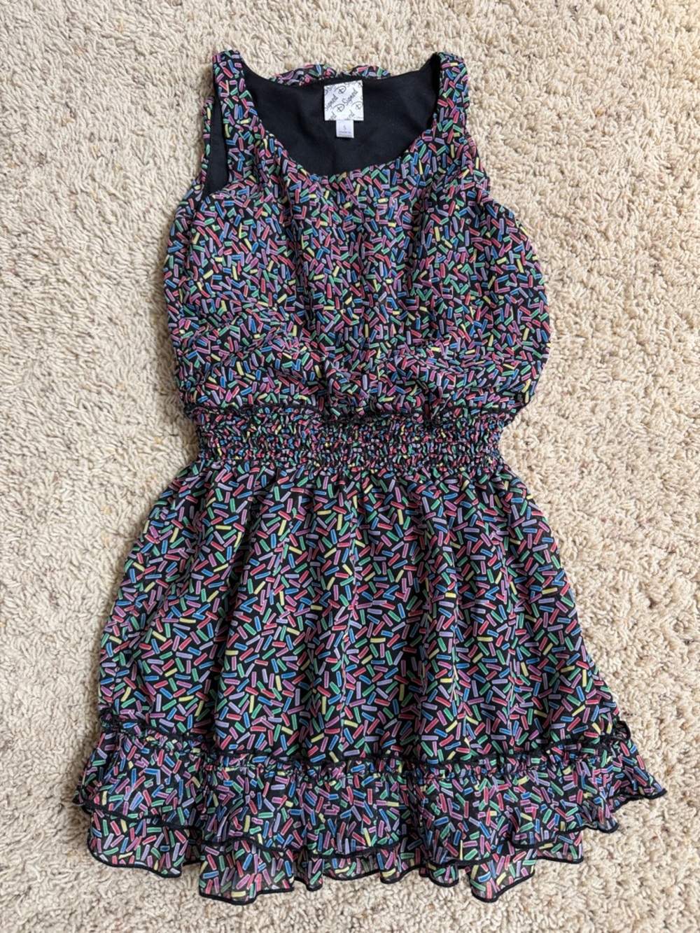Little Girls Black Sleeveless Smocked Waist Dress with Colorful Print